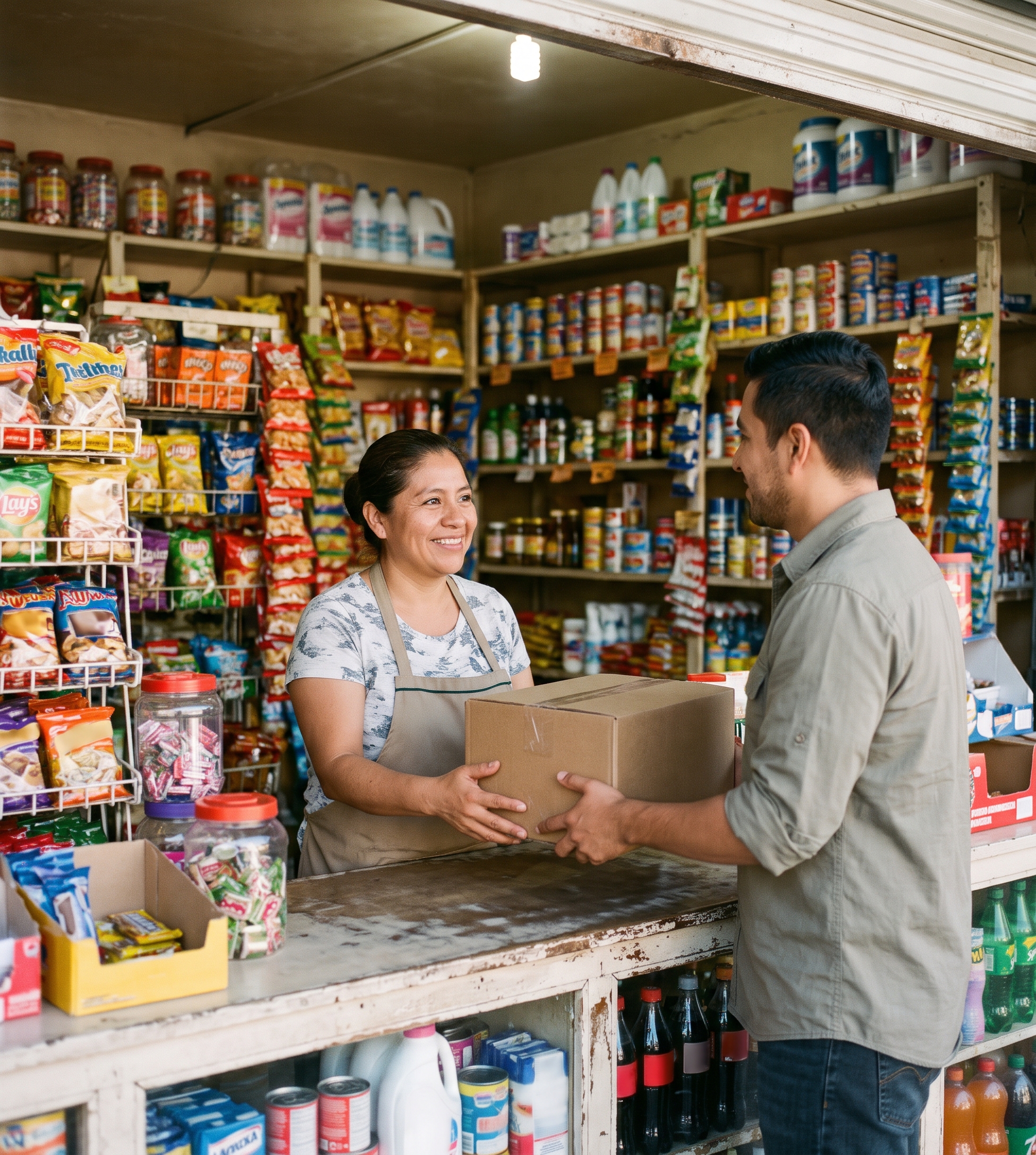 Tendero sonriente recibiendo su pedido en su tienda